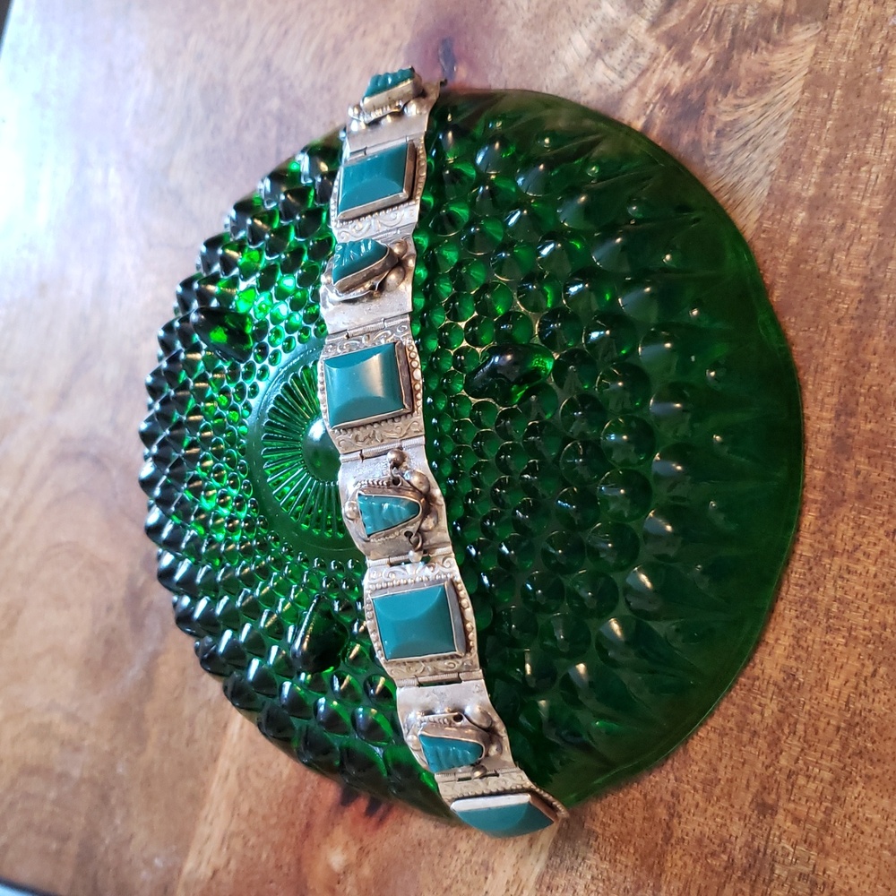 Vintage Mexican Alpaca Aztec Style Green Tribal Face Panel Link  Bracelet